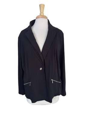CHICOS Black Knit Blazer Jacket Size XL (3) Womens Single Button Cotton Blend